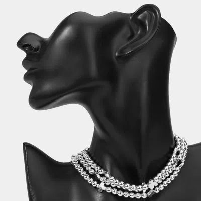 Fashnzfab Triple Metal Cross Ball Beaded Layered Strand Choker Necklace In Metallic