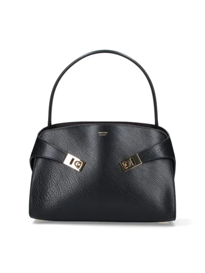 Ferragamo Hug Black Shoulder Bag With Logo Print On The Front In Leather Woman In Multi