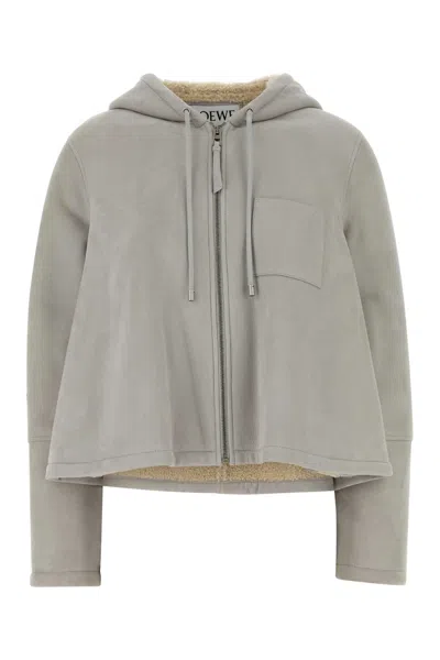 Loewe Suede Hooded Jacket Long Sleeves In Gray
