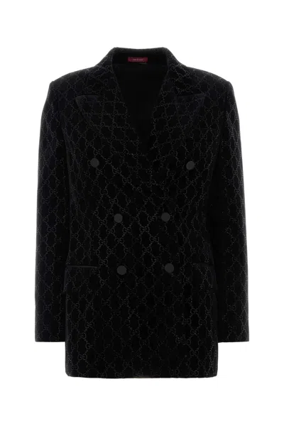 Gucci Double-breasted Velvet Coat Featuring Embroidery In Black