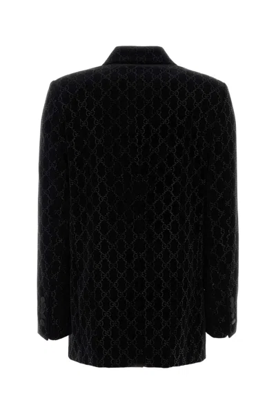 Gucci Double-breasted Velvet Coat Featuring Embroidery In Black