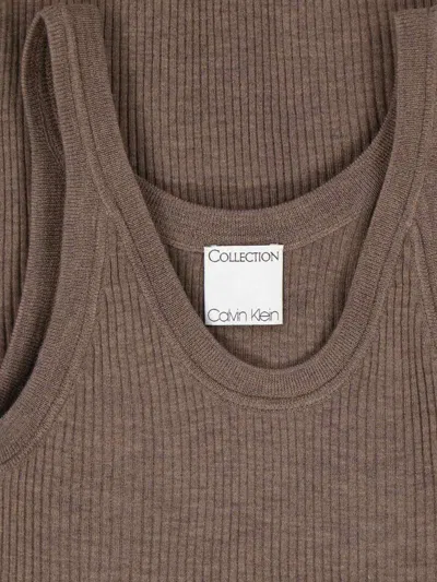 Calvin Klein Ribbed Scoop Neck Stretch Fit Top In Brown