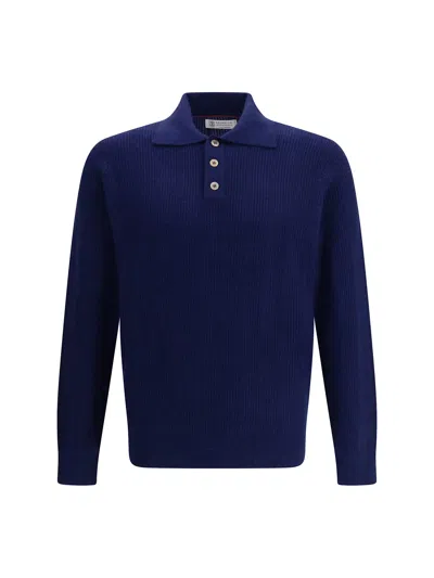 Brunello Cucinelli Long-sleeve Cashmere Polo Shirt In Blue