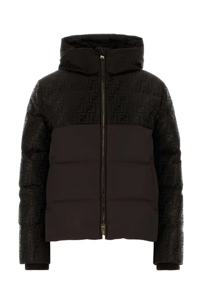 Fendi Women Brown Down Jacket With Drawstring Hood And Ff Motif In Tech Fabric Woman In Black