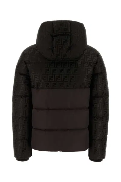 Fendi Women Brown Down Jacket With Drawstring Hood And Ff Motif In Tech Fabric Woman In Black