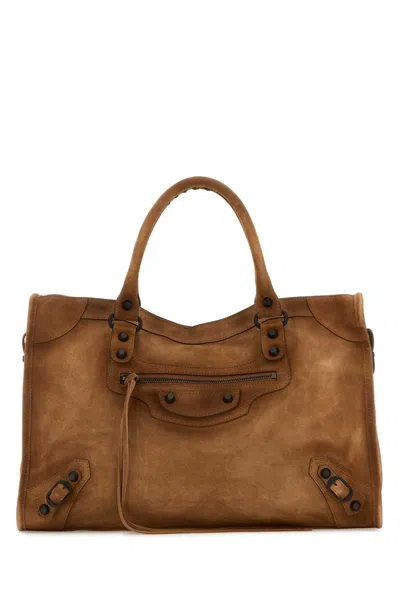 Balenciaga Camel Suede Medium Le City Handbag In Brown