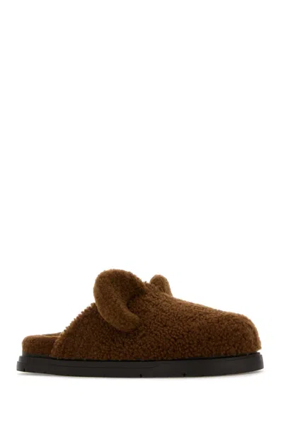 Fendi Cozy Shearling Flat Sole Slippers In Brown