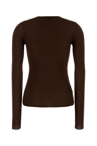 Miu Miu Silk Long Sleeve T-shirt With Ribbed Texture In Brown