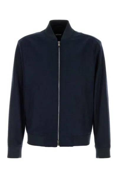 Hugo Boss Stretch Flannel Bomber Jacket With Ribbed Cuffs And Hem In Blue