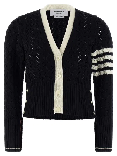 Thom Browne 4-bar Pointelle Cable Virgin Wool Cardigan In Blue