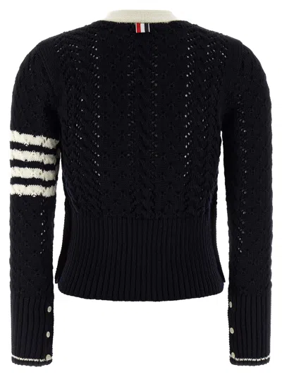 Thom Browne 4-bar Pointelle Cable Virgin Wool Cardigan In Blue