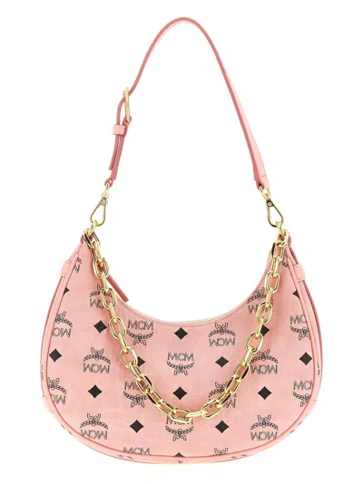 Mcm Small Aren Monogram Crescent Hobo Bag In Pink