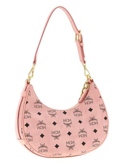 Mcm Small Aren Monogram Crescent Hobo Bag In Pink