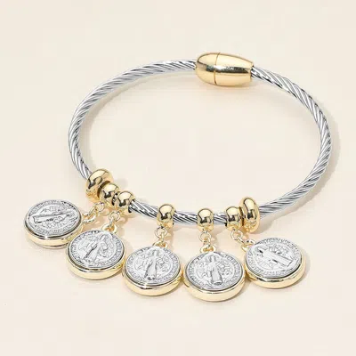 Fashnzfab Two Tone Metal Religious Coin Charm Beaded Cable Magnetic Bracelet - Two Tone In Metallic