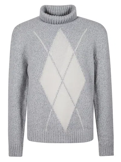 Eleventy Heathered Grey Sweater With Argyle Pattern In White
