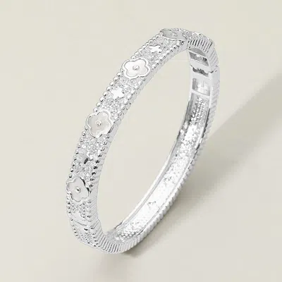 Fashnzfab Mother Of Pearl Quatrefoil Accent Cz Stone Paved Hinged Bangle Bracelet - Rhodium In Metallic