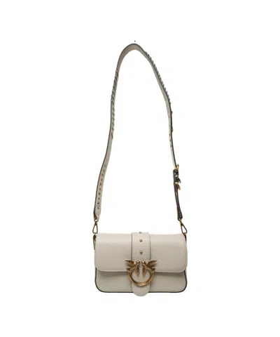 Pinko Minimalist White Leather Crossbody Bag With Metallic Bird Accents In White