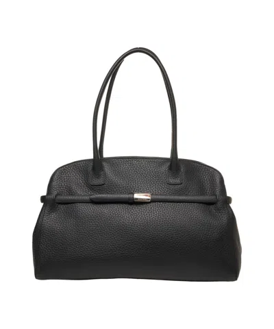 Orciani Hammered Leather Handbag With Zip Closure And Slim Handles In Black