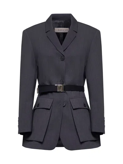 Blanca Vita Grey Gabardine Genova Belted Blazer In Gray