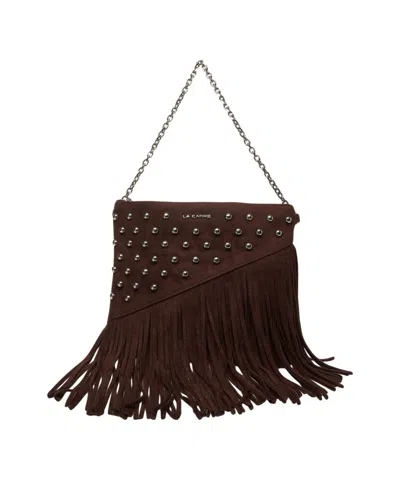 La Carrie Rectangular Brown Suede-like Shoulder Bag With Fringe Detail In Multi