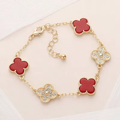 Fashnzfab Stone Paved Natural Stone Quatrefoil Link Bracelet - Gold, Red In Multi