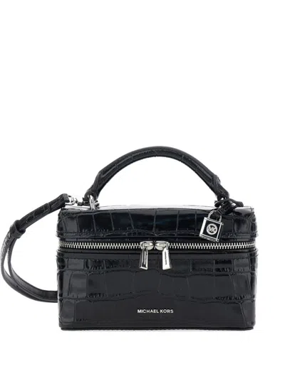 Michael Kors Glossy Croc-embossed Handbag With Structured Silhouette In Black