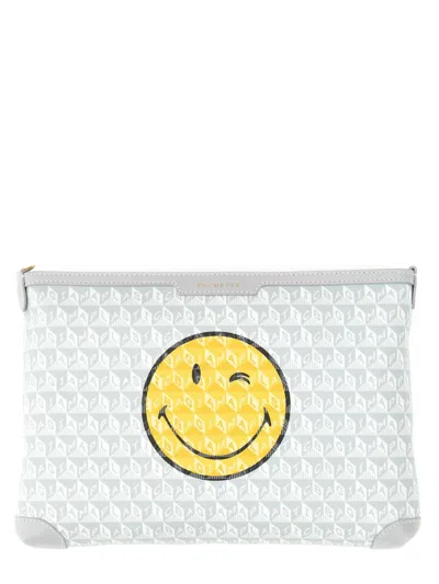 Anya Hindmarch Smiley Face Graphic Print Wrist Strap Clutch In White