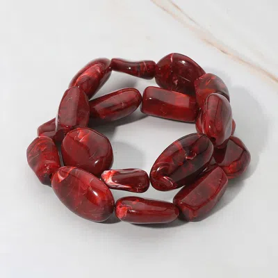 Fashnzfab 2pcs - Chunky Marbled Resin Multi Shape Pebble Beaded Stretch Multi Layered Bracelets - Wine In Burgundy