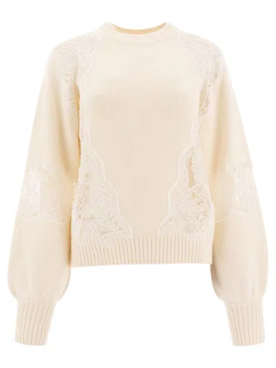 Elie Saab Knitted Sweater With Lace Inserts In Neutral