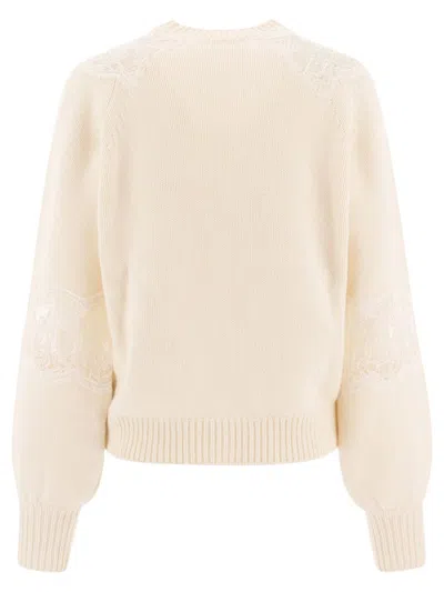 Elie Saab Knitted Sweater With Lace Inserts In Neutral