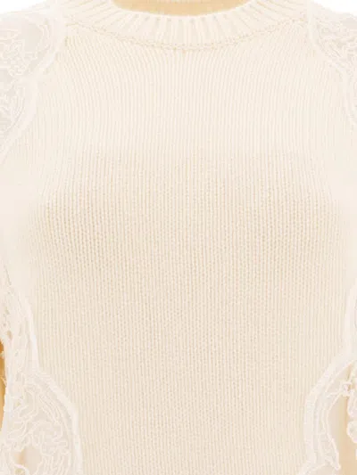 Elie Saab Knitted Sweater With Lace Inserts In Neutral