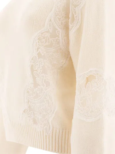 Elie Saab Knitted Sweater With Lace Inserts In Neutral