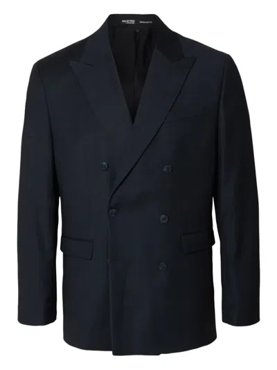 Selected Double-breasted Checked Blazer In Blue