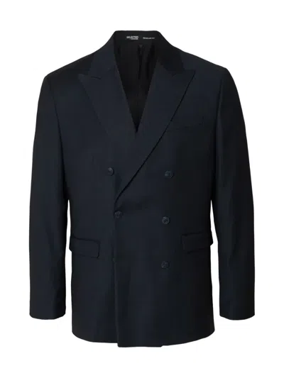 Selected Double-breasted Checked Blazer In Blue