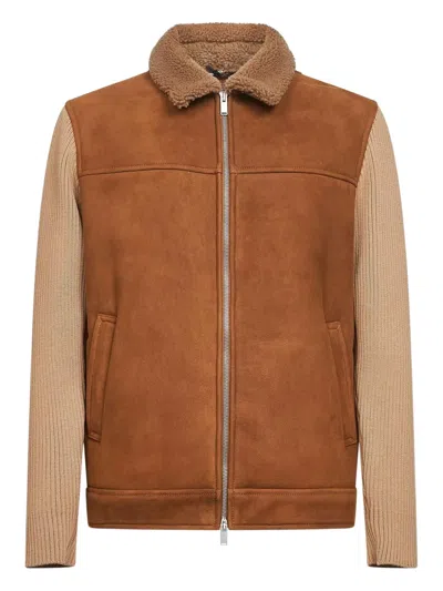 Lardini Shearling-collar Knitted Jacket In Brown