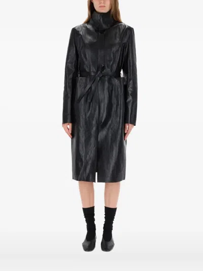 Our Legacy Leather Texture Long Sleeve Belted Coat In Black