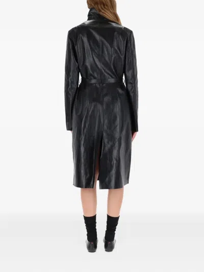 Our Legacy Leather Texture Long Sleeve Belted Coat In Black