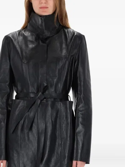 Our Legacy Leather Texture Long Sleeve Belted Coat In Black