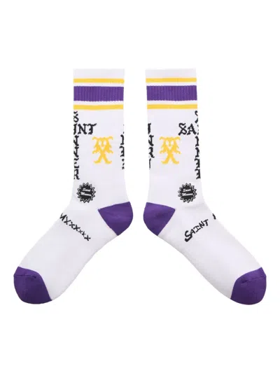 Saint Mxxxxxx Striped Logo Socks In White