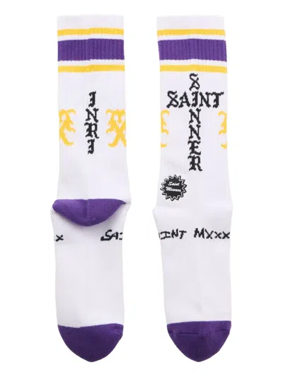 Saint Mxxxxxx Striped Logo Socks In White