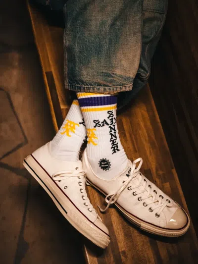 Saint Mxxxxxx Striped Logo Socks In White