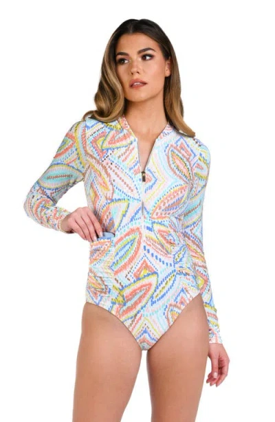 La Blanca Sunbaked Jewels Shirred Long Sleeve One-piece Swimsuit In Blue