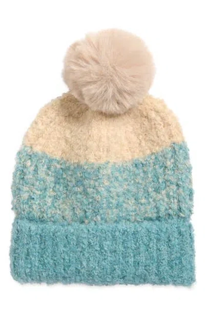 Tasha Colorblock Faux Fur Pom Bouclé Beanie In Blue