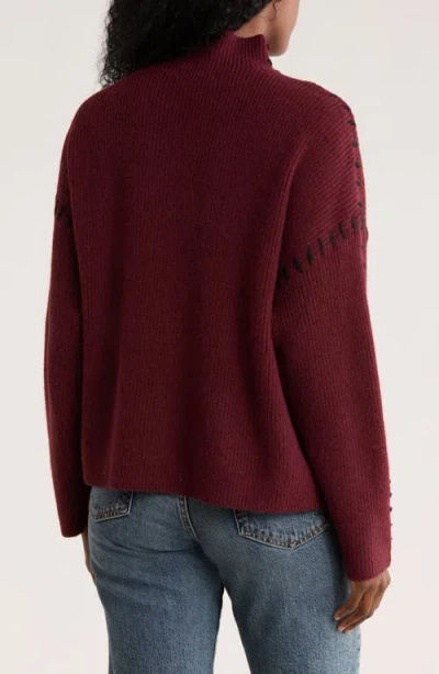 Elodie Contrast Stitch Mock Neck Sweater In Burgundy