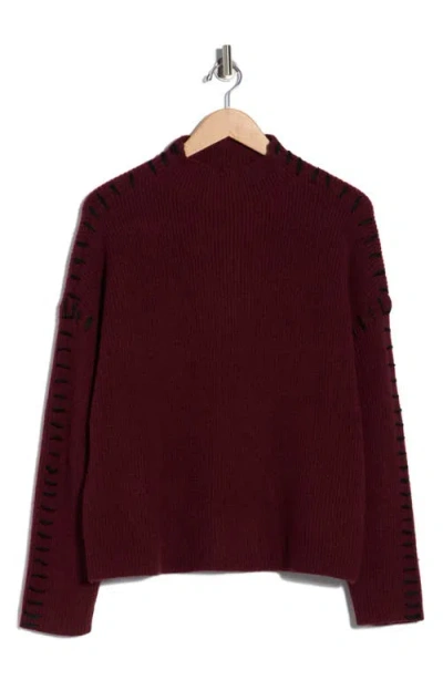 Elodie Contrast Stitch Mock Neck Sweater In Burgundy