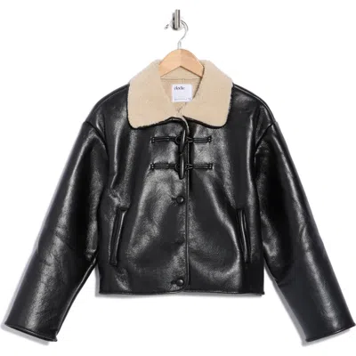 Elodie Faux Shearling Collar Faux Leather Crop Jacket In Black