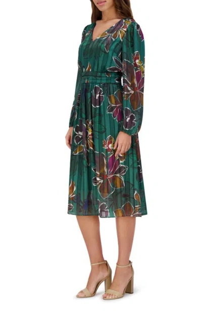 Kensie Floral Long Sleeve Satin A-line Midi Dress In Green