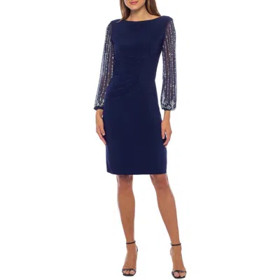 Marina Crystal Embellished Long Sleeve Sheath Dress In Blue