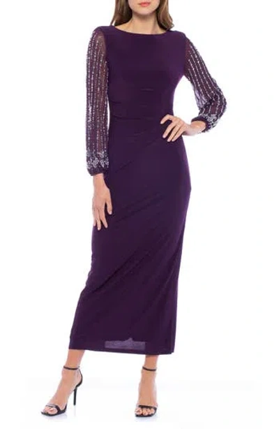 Marina Beaded Long Sleeve Jersey Gown In Purple