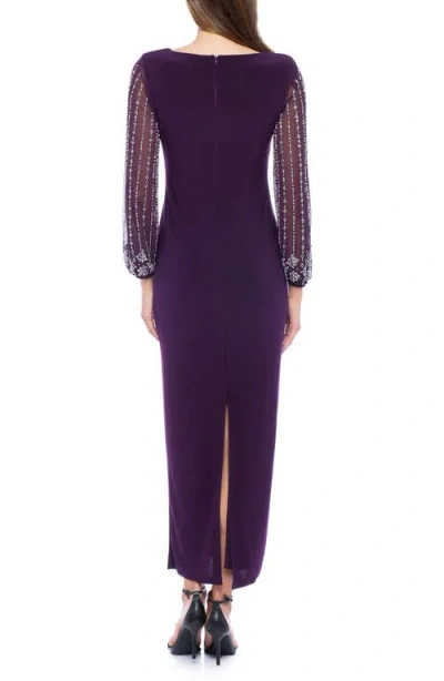 Marina Beaded Long Sleeve Jersey Gown In Purple